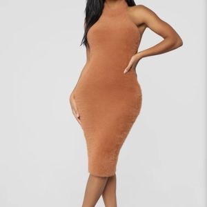 Fur Turtle Neck Fitted Midi Dress